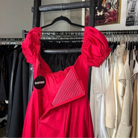 Babyboo Courtney Red Off-Shoulder Corset Midi Dress with Slit - Picture 11 of 13